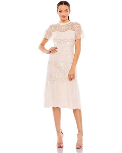 Mac Duggal High Neck Mesh Tier Embroidered Dress - White