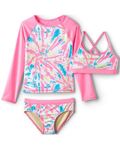 Lands' End Girls Slim Chlorine Resistant Rash Guard Swim Top Bikini Top And Bottoms Upf 50 Swimsuit Set - Pink