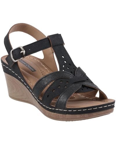 Gc Shoes Darry Perforated T-strap Slingback Wedge Sandals - Black