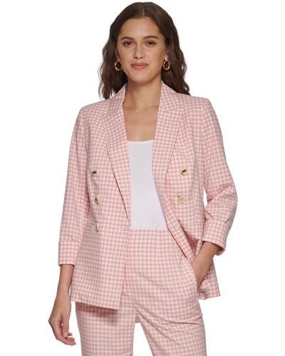DKNY Petite Gingham Double-breasted Blazer - Pink