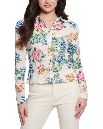 Guess Tessa Smocked Button-down Long-sleeve Top - White