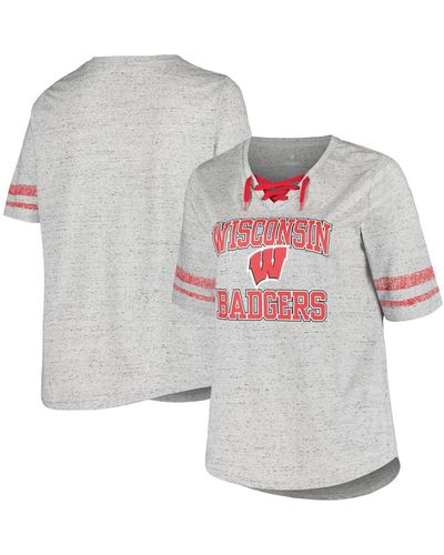 Profile Distressed Wisconsin Badgers Plus Size Striped Lace-up T-shirt - Gray