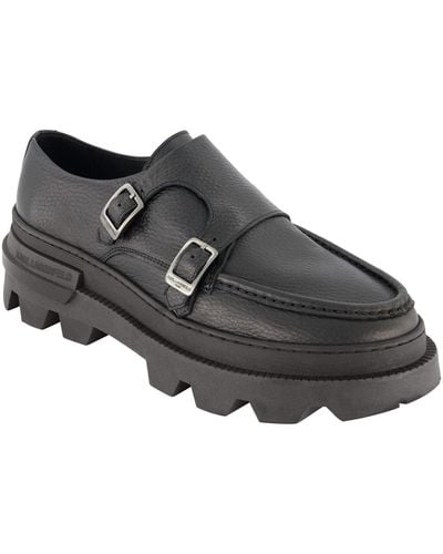 Karl Lagerfeld Leather Double Buckle Monk Strap Loafers - Black