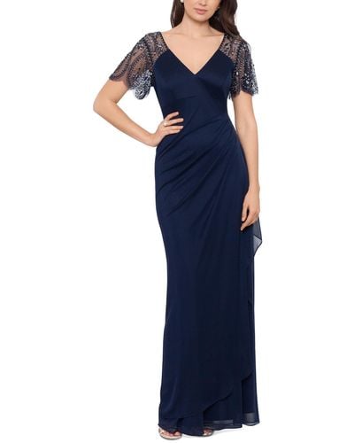 Xscape Beaded-sleeve Gown - Blue