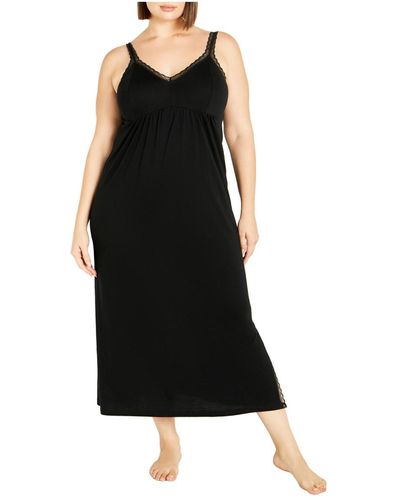 Avenue Plus Size Lace Trim Sleep Maxi Dress - Black