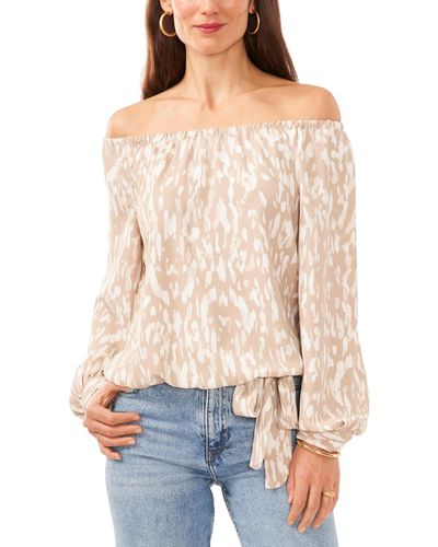 Vince Camuto Printed Off The Shoulder Tie Front Woven Blouse - Natural