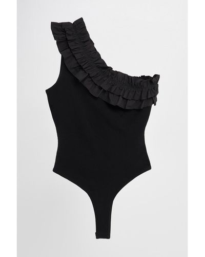 Endless Rose Ruffled Asymmetrical Bodysuit - Black