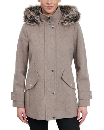 London Fog Faux-fur-trim Hooded Wool Blend Walker Coat - Gray
