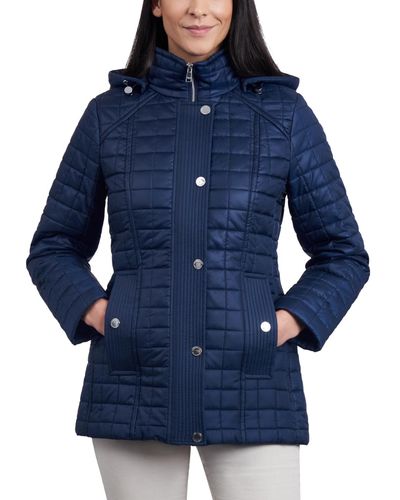 London Fog Petite Hooded Quilted Water-resistant Coat - Blue