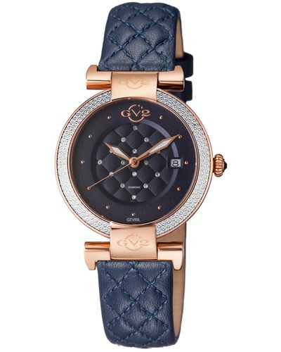 Gevril Berletta Swiss Quartz Diamond Accents Blue Leather Strap Watch 37mm