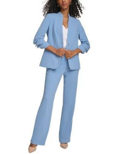 Calvin Klein Petite Ruched Sleeve Single Button Jacket Scuba Crepe Modern Fit Straight Leg Pants - Blue