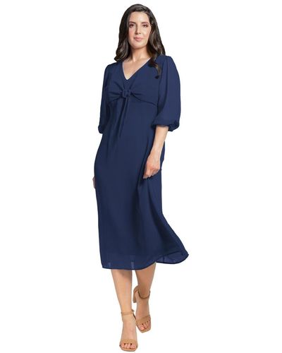 Standards & Practices Tie Front Puff Sleeves Midi Dress - Blue