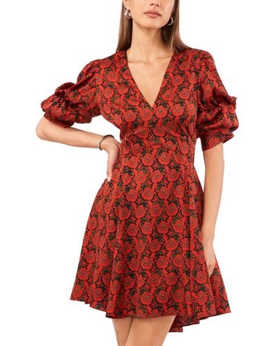 1.STATE Printed V-neck Tiered Bubble Puff Sleeve Mini Dress