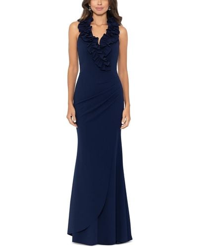 Xscape Ruffled-v-neck Sleeveless Ruched Gown - Blue