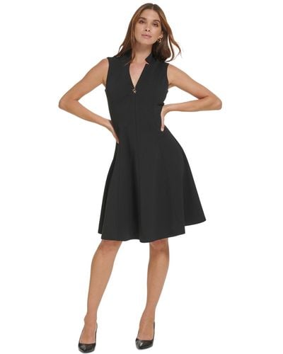 Calvin Klein Collared V-neck Sleeveless A-line Dress - Black