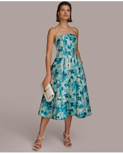 Donna Karan Floral-jacquard Strapless Midi Dress - Blue