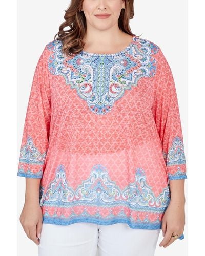 Ruby Rd. Plus Size Embellished Guava Border Print Sublimation Top - Red