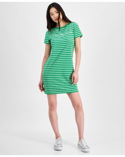 Tommy Hilfiger Striped Logo Short-sleeve T-shirt Dress - Green
