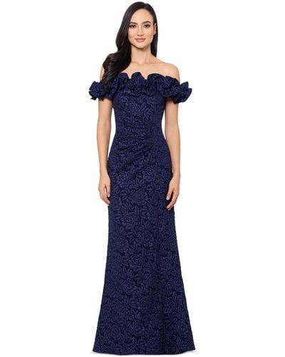 Xscape Off-the-shoulder Floral Brocade Gown - Blue