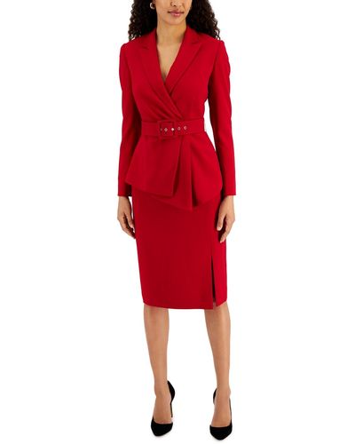Tahari Belted Wrap Skirt Suit - Red