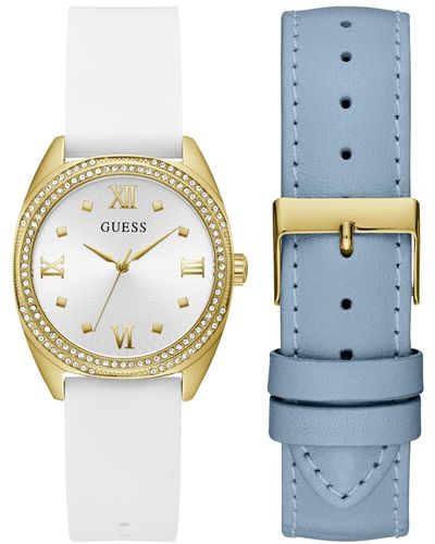 Guess Analog Silicone And Blue Genuine Leather Watch Set 34mm