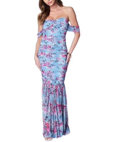 Bebe Floral-print Ruched Off-the-shoulder Gown - Blue