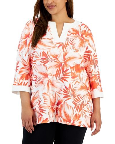 Anne Klein Plus Size Printed 3/4-sleeve V-neck Top - Red