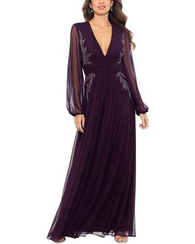 Betsy & Adam V-neck Embroidered Chiffon Gown - Purple