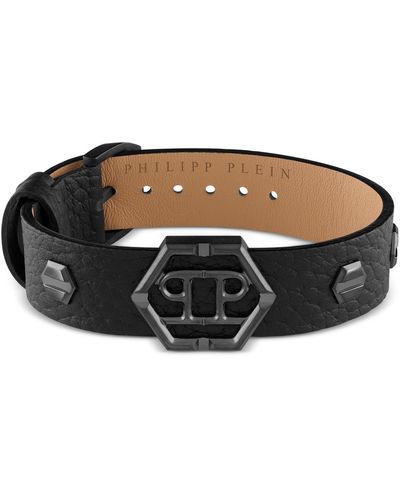 Philipp Plein Gunmetal Ip Logo Leather Flex Bracelet - Black