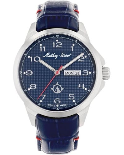 Mathey-Tissot Excalibur Collection Three Hand Date Leather Strap Watch - Blue
