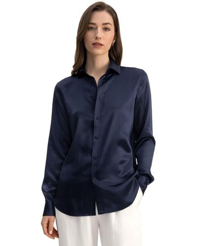 LILYSILK Tailored Button Down Silk Shirt - Blue