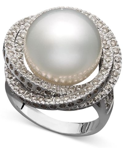 Macy's 14k White Gold Ring, Cultured South Sea Pearl (13mm) And Diamond (1 Ct. T.w.) Ring - Gray