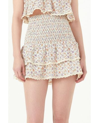 Free the Roses Embroidered Floral Crossed Tiered Mini Skirt - Natural