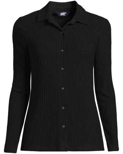 Lands' End Long Sleeve Wide Rib Button Front Polo Shirt - Black