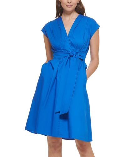 Kensie Cotton V-neck A-line Tie-waist Dress - Blue