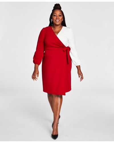 Kasper Plus Size Colorblocked Surplice Side-tie Dress - Red