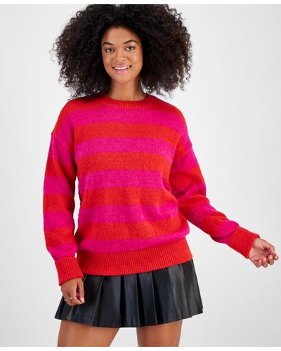 BarIII Petite Fuzzy Striped Crewneck Drop-shoulder Sweater - Red