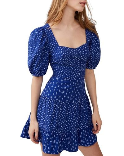French Connection Printed Puff-sleeve A-line Dress - Blue