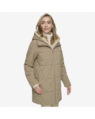 Andrew Marc Islee Quilted 's Puffer Coat With Popcorn Sherpa Trimming And Removable Hooded Bib - Natural