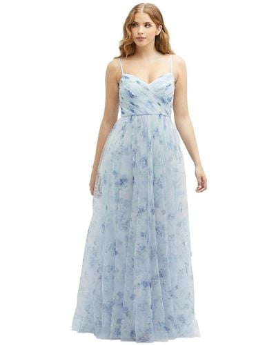 Dessy Collection Floral Ruched Wrap Bodice Tulle Dress - Blue
