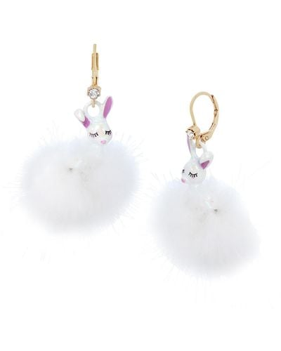 Betsey Johnson Faux Stone Bunny Pom Pom Drop Earrings - White