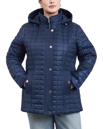 London Fog Plus Size Hooded Quilted Water-resistant Coat - Blue