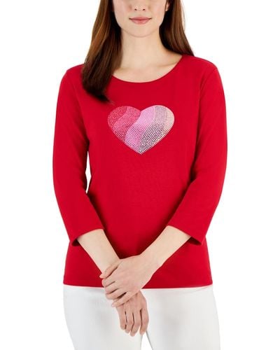Karen Scott Gem Heart Graphic Pullover Top - Red