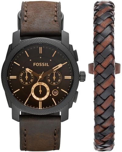Fossil Machine Chronograph Dark Leather Watch And Bracelet Box Set 42mm - Brown