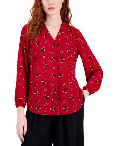 Ak Anne Klein Petite V-neck Long-sleeve Pleated Blouse - Red