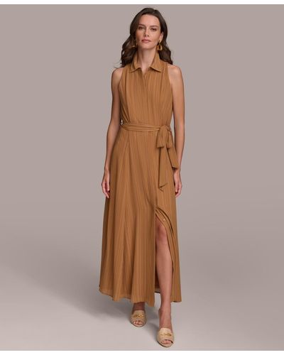 Donna Karan Striped Tie-waist Sleeveless Maxi Dress - Brown