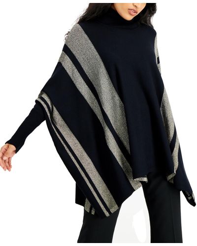 Alfani Petite Striped Turtleneck Poncho Sweater - Blue