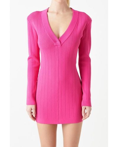 Grey Lab Power Shoulder Mini Knit Dress - Pink