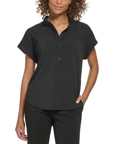 DKNY Petite Cuffed-sleeve Stand-collar Top - Black