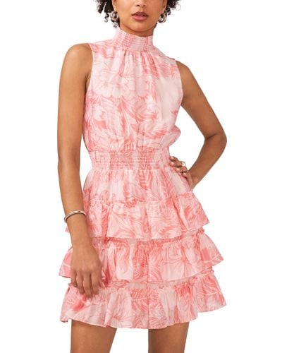 1.STATE Floral Smocked Sleeveless Mock Neck Tiered Mini Dress - Pink